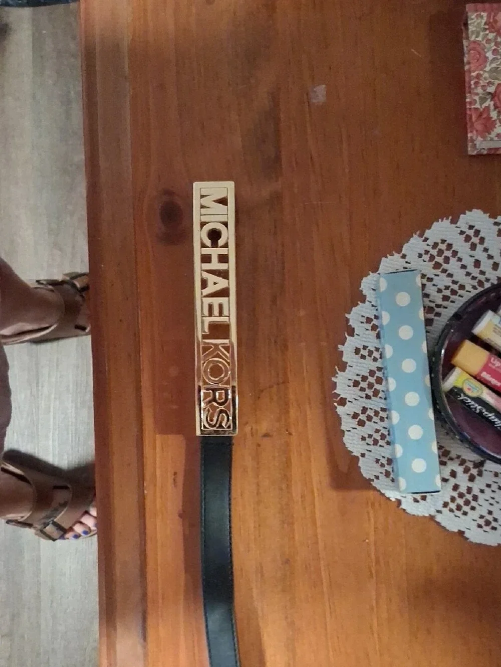 Michael Kors Gold Logo Plaque Belt with Black Strap
